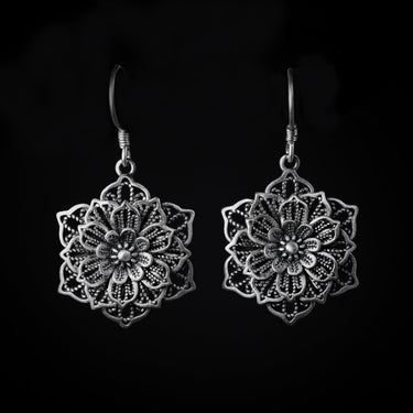 Sterling Silver Lotus Earrings - Black Feather Design